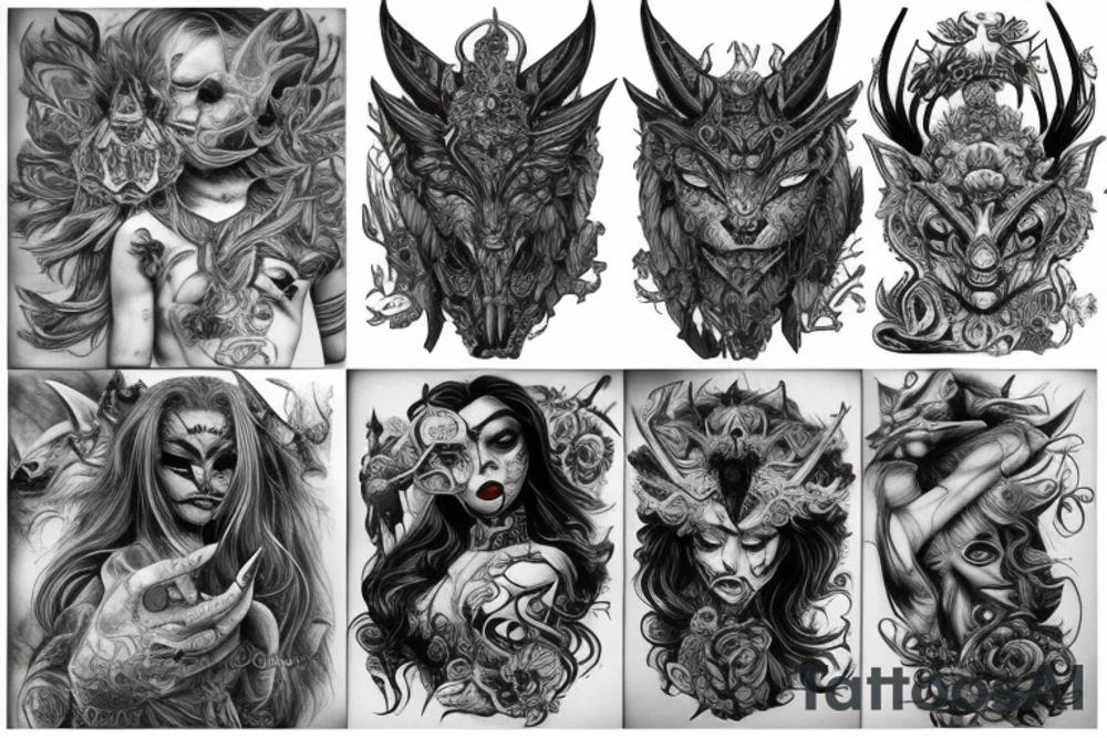 Smokey Pagan Runic Elaborate Intricate Comprehensive Demon woman gorgeous beautiful fierce Feral tattoo idea