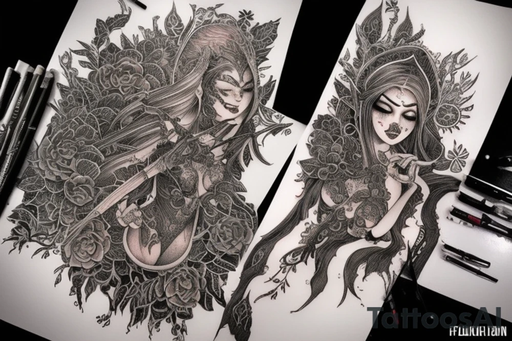 Female Elven Woman Oni Intense Elaborate Intricate Comprehensive Detailed Gorgeous Vibrant tattoo idea