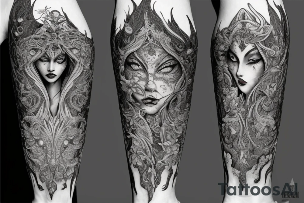 Female Elven Woman Oni Intense Elaborate Intricate Comprehensive Detailed Gorgeous Vibrant tattoo idea