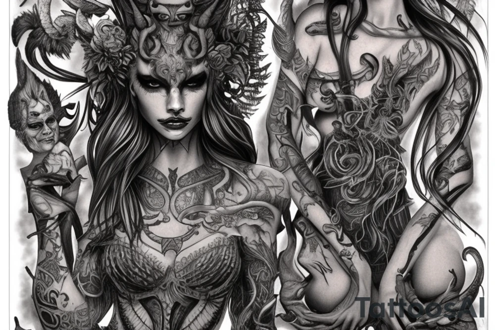 Smokey Pagan Runic Elaborate Intricate Comprehensive Demon woman gorgeous beautiful fierce Feral tattoo idea