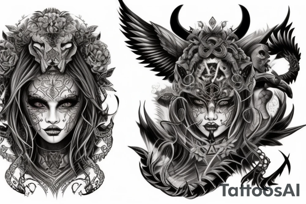 Smokey Pagan Runic Elaborate Intricate Comprehensive Demon woman gorgeous beautiful fierce Feral tattoo idea