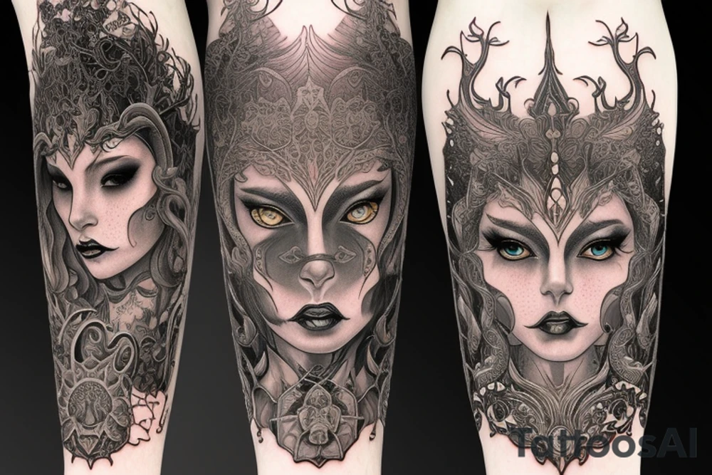 Female Elven Woman Oni Intense Elaborate Intricate Comprehensive Detailed Gorgeous Vibrant tattoo idea