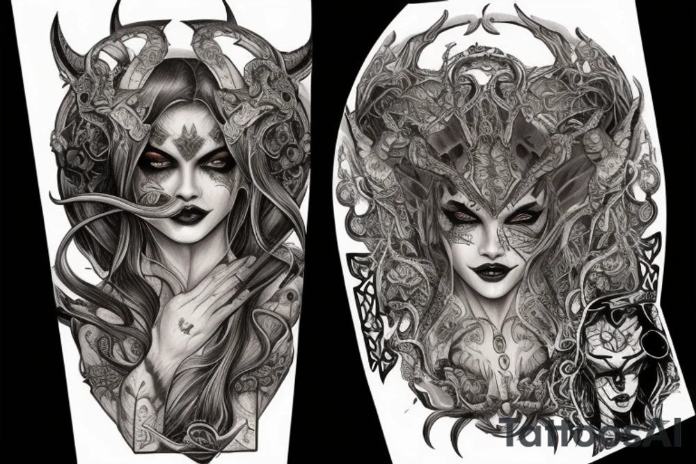 Smokey Pagan Runic Elaborate Intricate Comprehensive Demon woman gorgeous beautiful fierce Feral tattoo idea