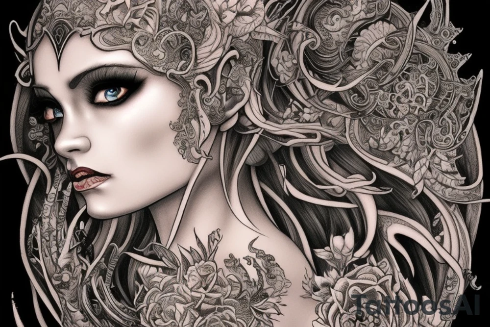 Female Elven Woman Oni Intense Elaborate Intricate Comprehensive Detailed Gorgeous Vibrant tattoo idea