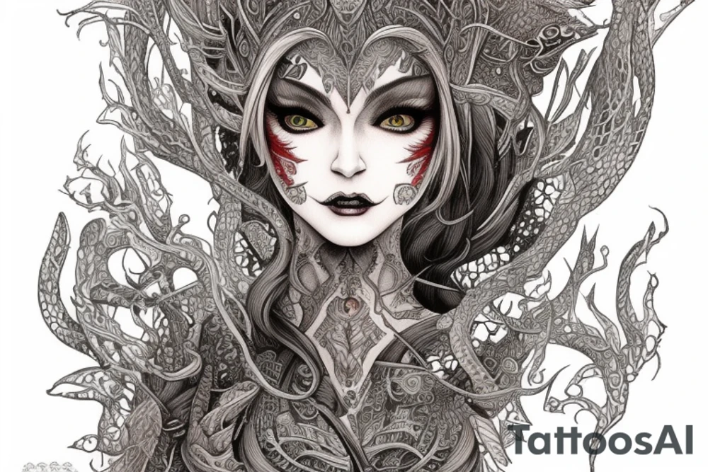 Female Elven Woman Oni Intense Elaborate Intricate Comprehensive Detailed Gorgeous Vibrant tattoo idea