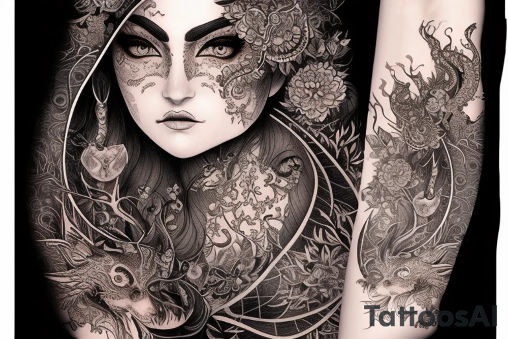 Female Elven Woman Oni Intense Elaborate Intricate Comprehensive Detailed Gorgeous Vibrant tattoo idea