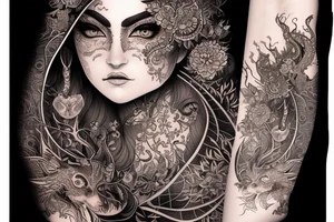 Female Elven Woman Oni Intense Elaborate Intricate Comprehensive Detailed Gorgeous Vibrant tattoo idea