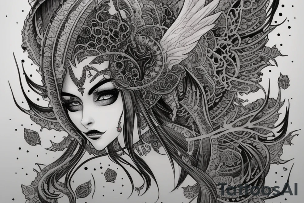 Female Elven Woman Oni Intense Elaborate Intricate Comprehensive Detailed Gorgeous Vibrant tattoo idea