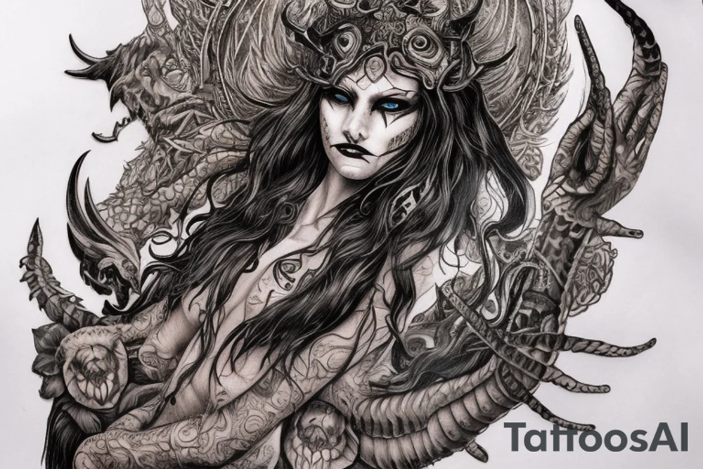 Smokey Pagan Runic Elaborate Intricate Comprehensive Demon woman gorgeous beautiful fierce Feral tattoo idea