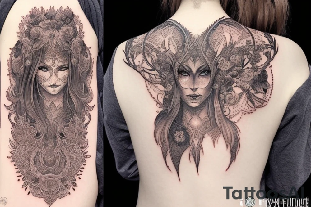 Female Elven Woman Oni Intense Elaborate Intricate Comprehensive Detailed Gorgeous Vibrant tattoo idea