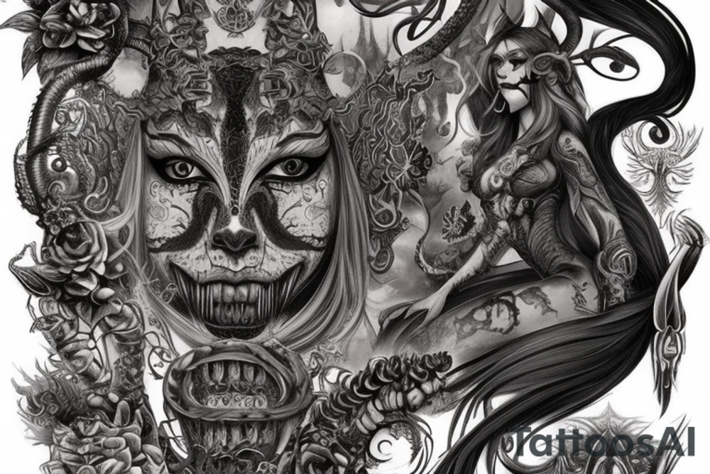 Smokey Pagan Runic Elaborate Intricate Comprehensive Demon woman gorgeous beautiful fierce Feral tattoo idea