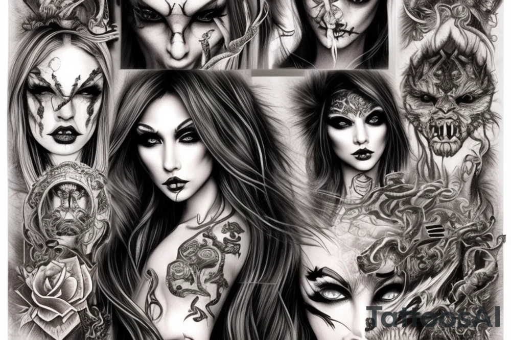 Smokey Pagan Runic Elaborate Intricate Comprehensive Demon woman gorgeous beautiful fierce Feral tattoo idea