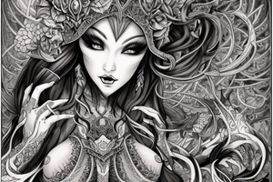 Female Elven Woman Oni Intense Elaborate Intricate Comprehensive Detailed Gorgeous Vibrant tattoo idea