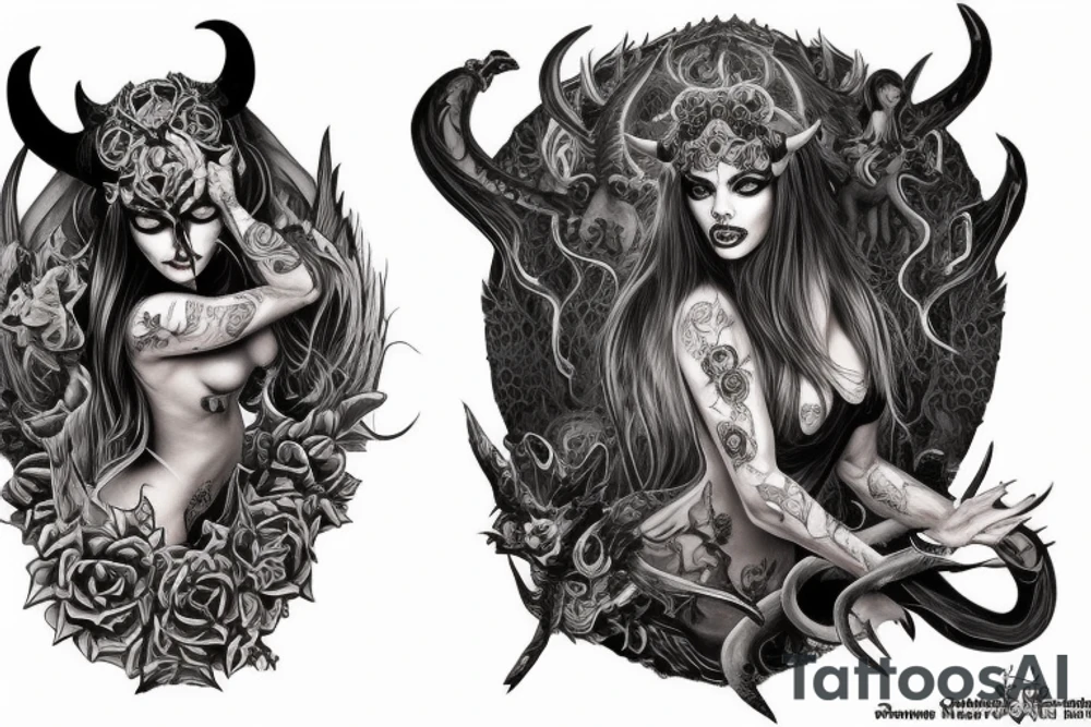 Smokey Pagan Runic Elaborate Intricate Comprehensive Demon woman gorgeous beautiful fierce Feral tattoo idea