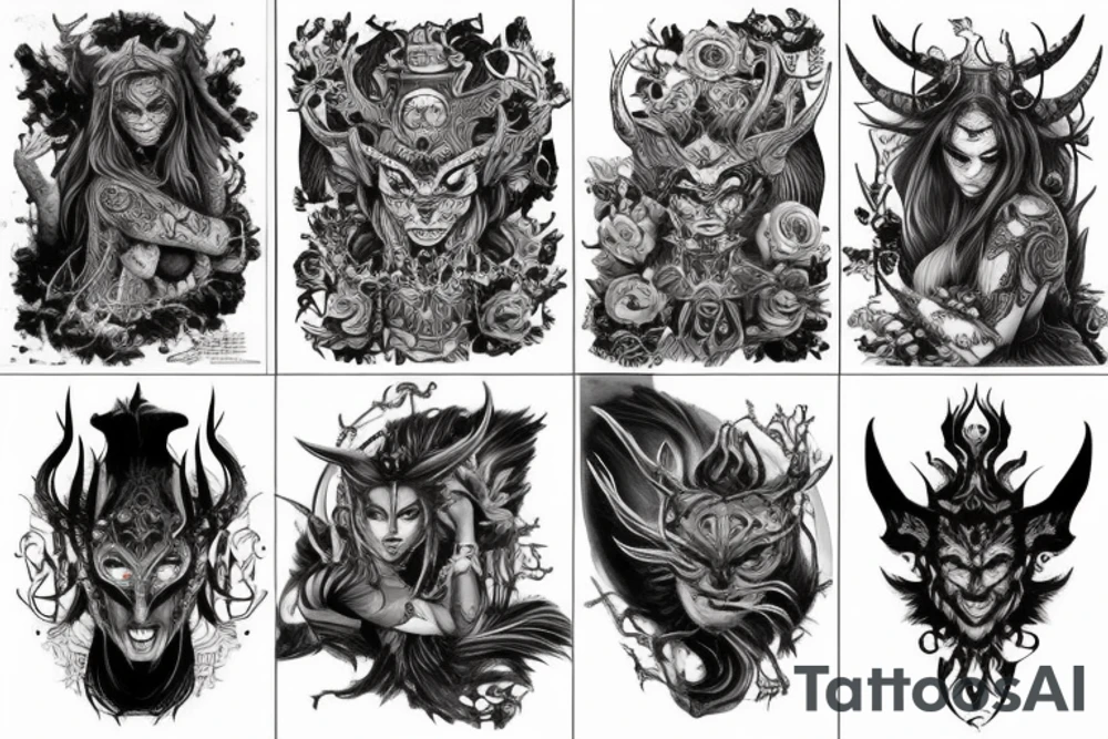 Smokey Pagan Runic Elaborate Intricate Comprehensive Demon woman gorgeous beautiful fierce Feral tattoo idea