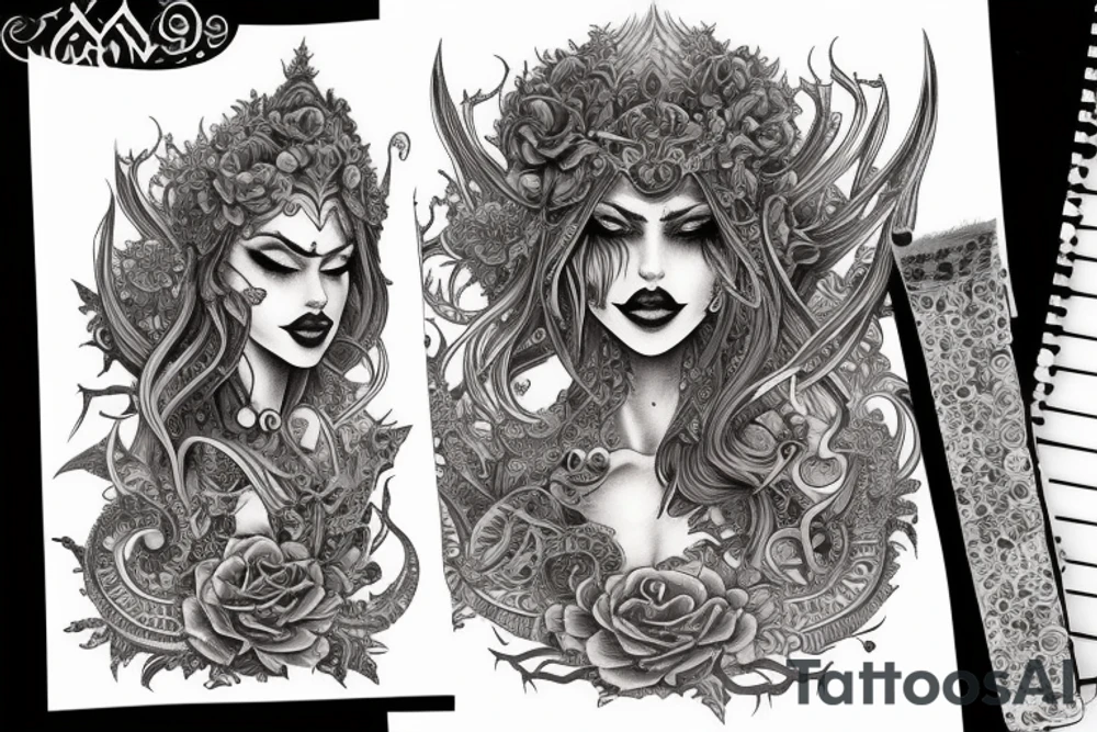 Female Elven Woman Oni Intense Elaborate Intricate Comprehensive Detailed Gorgeous Vibrant tattoo idea