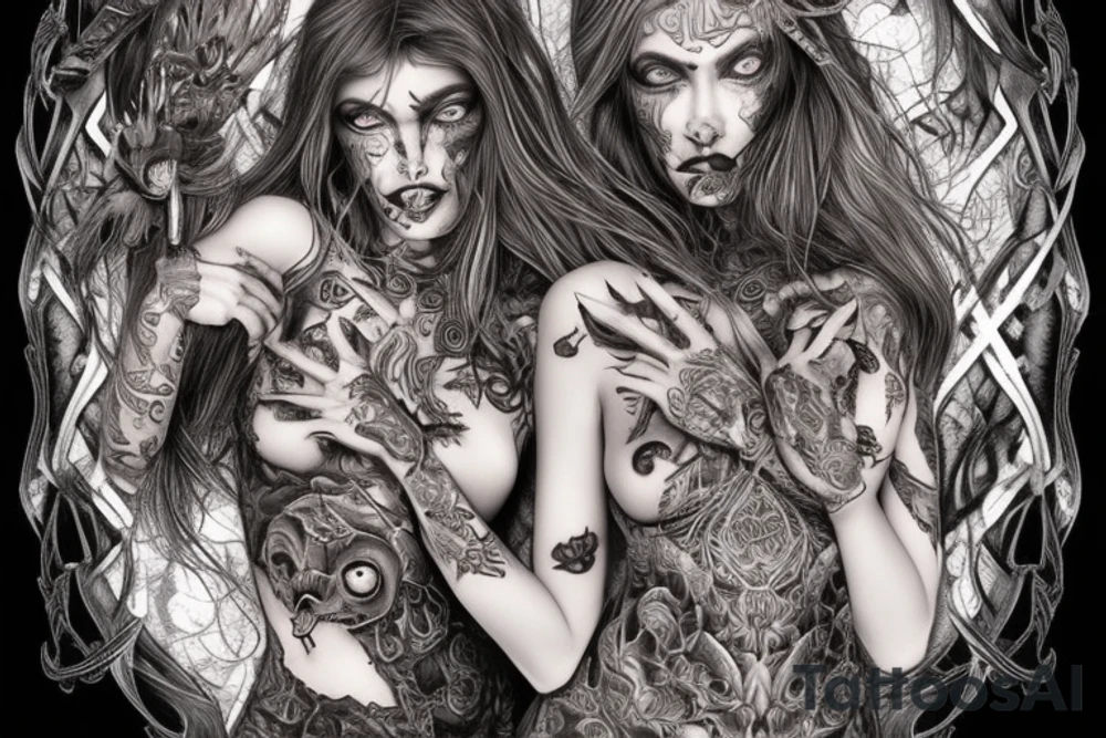 Smokey Pagan Runic Elaborate Intricate Comprehensive Demon woman gorgeous beautiful fierce Feral tattoo idea