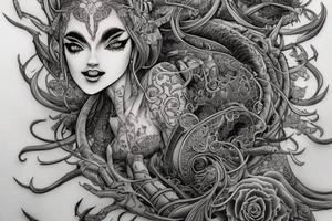 Female Elven Woman Oni Intense Elaborate Intricate Comprehensive Detailed Gorgeous Vibrant tattoo idea