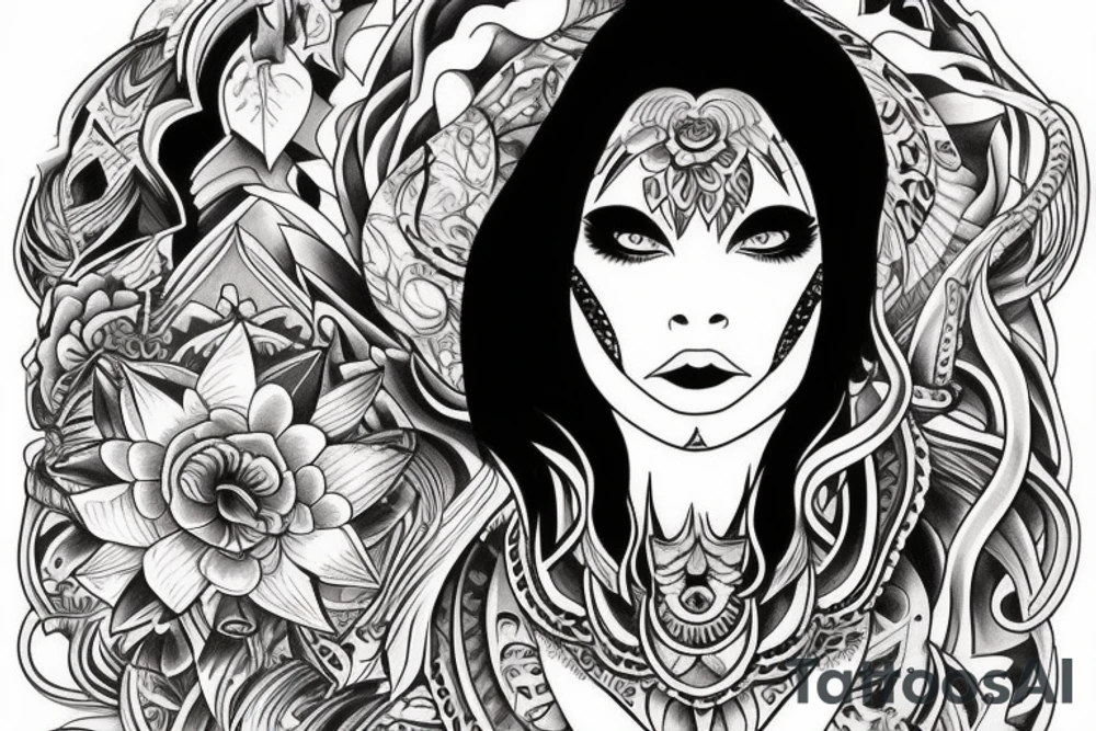 Chaos Spiritual Native
 Intricate Comprehensive Detailed Elaborate female tattoo idea