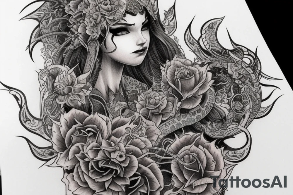 Female Elven Woman Oni Intense Elaborate Intricate Comprehensive Detailed Gorgeous Vibrant tattoo idea