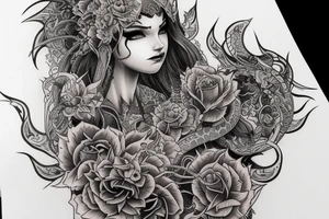 Female Elven Woman Oni Intense Elaborate Intricate Comprehensive Detailed Gorgeous Vibrant tattoo idea