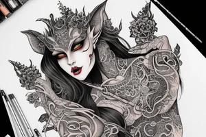 Female Elven Woman Oni Intense Elaborate Intricate Comprehensive Detailed Gorgeous Vibrant tattoo idea