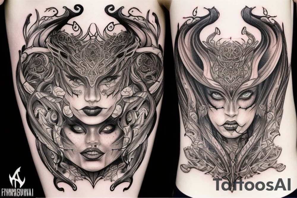 Smokey Pagan Runic Elaborate Intricate Comprehensive Demon woman gorgeous beautiful fierce Feral tattoo idea