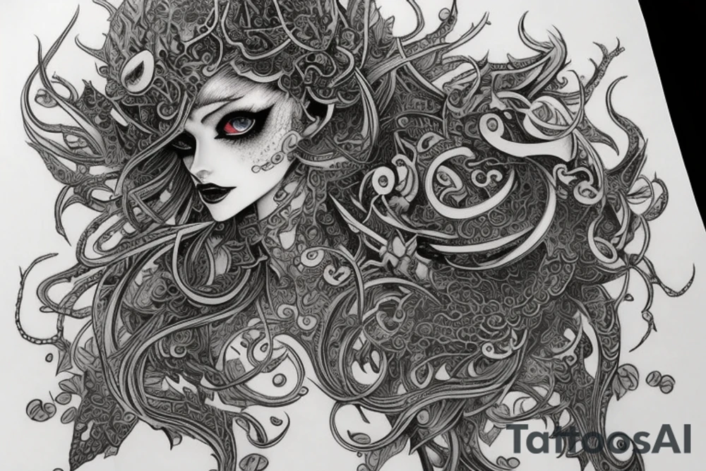 Female Elven Woman Oni Intense Elaborate Intricate Comprehensive Detailed Gorgeous Vibrant tattoo idea