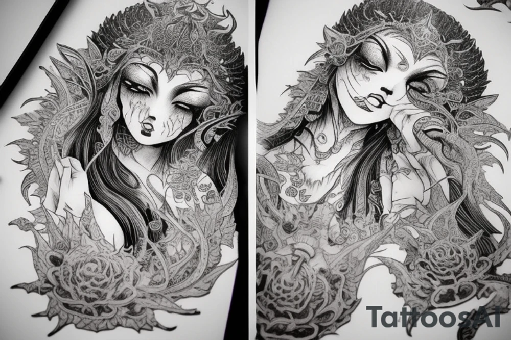 Female Elven Woman Oni Intense Elaborate Intricate Comprehensive Detailed Gorgeous Vibrant tattoo idea