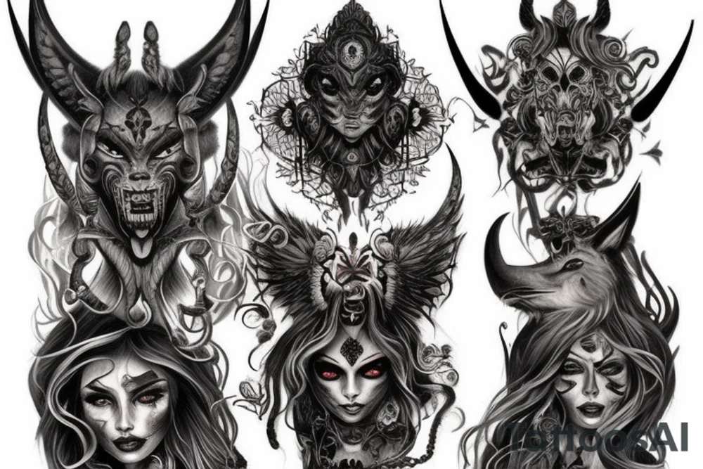 Smokey Pagan Runic Elaborate Intricate Comprehensive Demon woman gorgeous beautiful fierce Feral tattoo idea