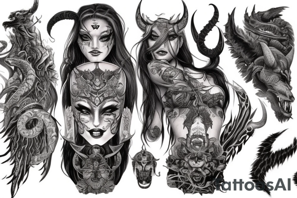 Smokey Pagan Runic Elaborate Intricate Comprehensive Demon woman gorgeous beautiful fierce Feral tattoo idea