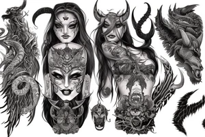 Smokey Pagan Runic Elaborate Intricate Comprehensive Demon woman gorgeous beautiful fierce Feral tattoo idea