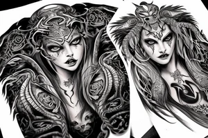 Smokey Pagan Runic Elaborate Intricate Comprehensive Demon woman gorgeous beautiful fierce Feral tattoo idea