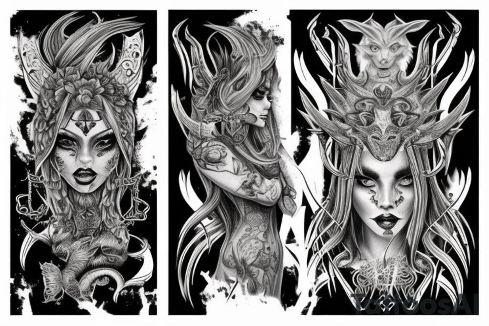 Smokey Pagan Runic Elaborate Intricate Comprehensive Demon woman gorgeous beautiful fierce Feral tattoo idea