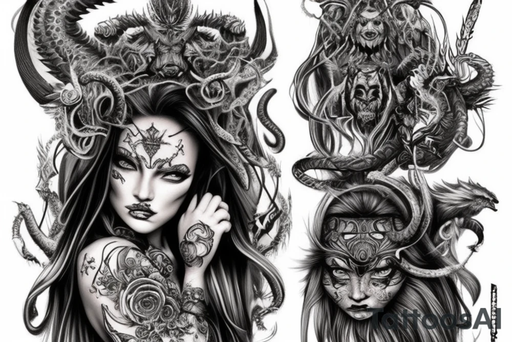 Smokey Pagan Runic Elaborate Intricate Comprehensive Demon woman gorgeous beautiful fierce Feral tattoo idea