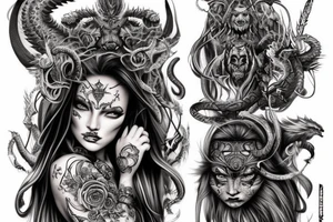 Smokey Pagan Runic Elaborate Intricate Comprehensive Demon woman gorgeous beautiful fierce Feral tattoo idea