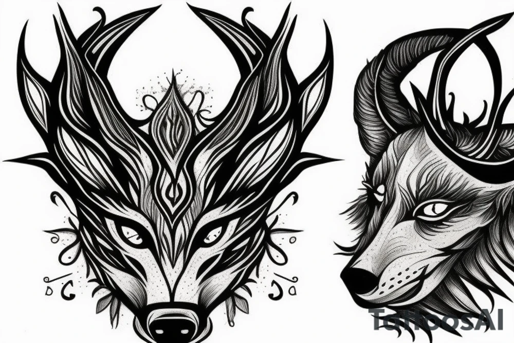 3 eyed wolf made from the forest with branches as demon horns tattoo idea