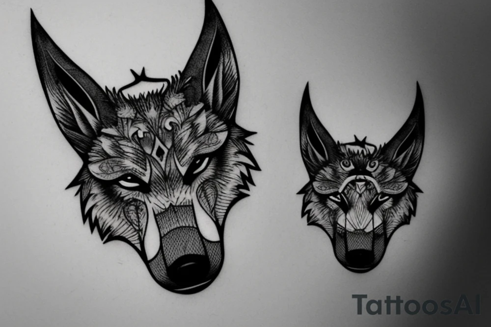 3 eyed wolf made from the forest with branches as demon horns tattoo idea