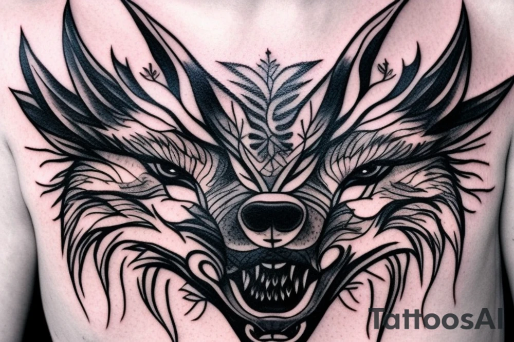 3 eyed wolf made from the forest with branches as demon horns tattoo idea