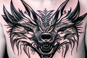 3 eyed wolf made from the forest with branches as demon horns tattoo idea