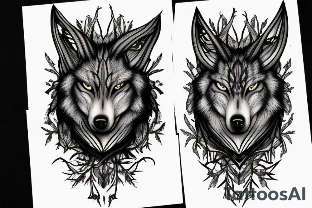 3 eyed wolf made from the forest with branches as demon horns tattoo idea