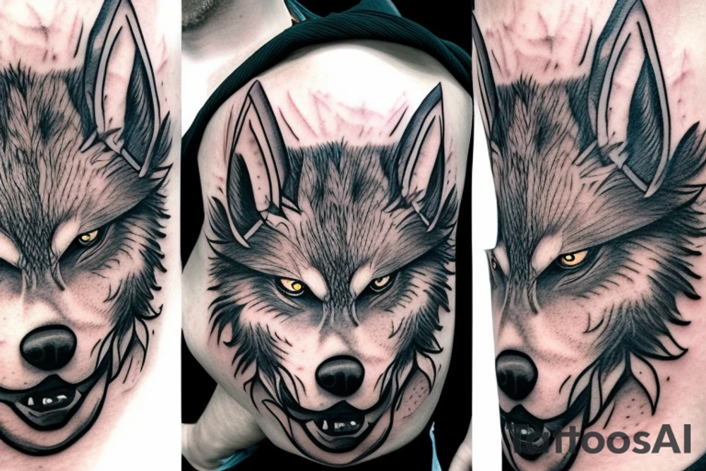 3 eyed wolf made from the forest with branches as demon horns tattoo idea