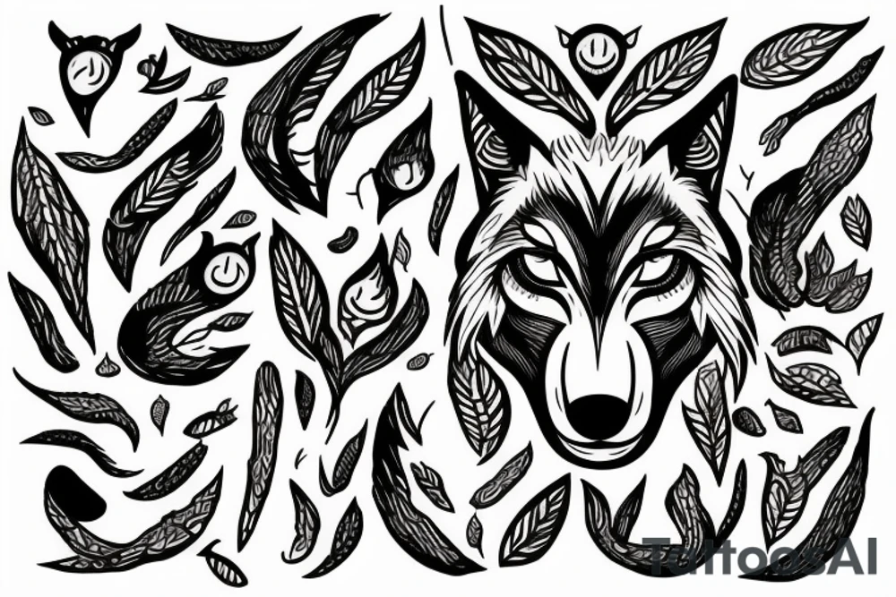 3 eyed wolf made from the forest with branches as demon horns tattoo idea