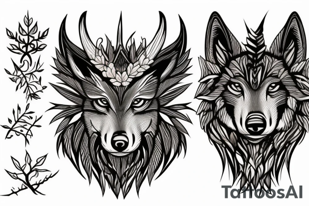 3 eyed wolf made from the forest with branches as demon horns tattoo idea