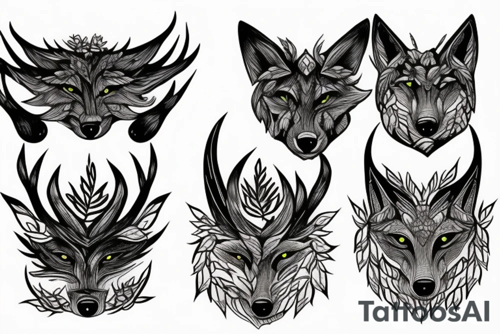 3 eyed wolf made from the forest with branches as demon horns tattoo idea