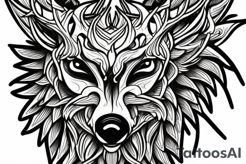 3 eyed wolf made from the forest with branches as demon horns. tattoo idea
