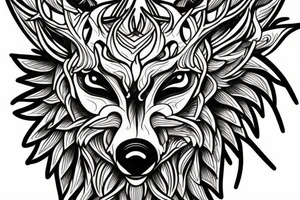 3 eyed wolf made from the forest with branches as demon horns. tattoo idea