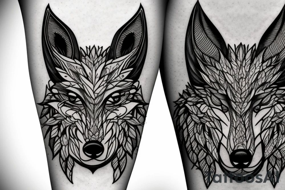 3 eyed wolf made from the forest with branches as demon horns. tattoo idea
