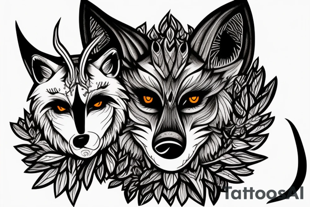 Terrifying 3 eyed wolf made from the forest with branches as demon horns. tattoo idea