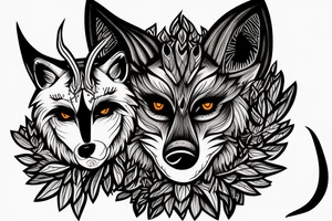 Terrifying 3 eyed wolf made from the forest with branches as demon horns. tattoo idea